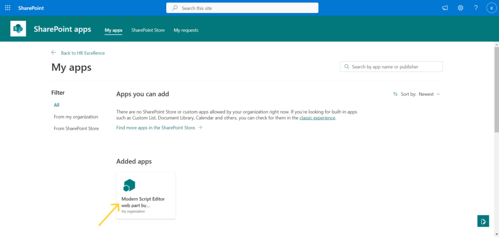 choosing-app-from-added-apps-section-sharepoint-desk365