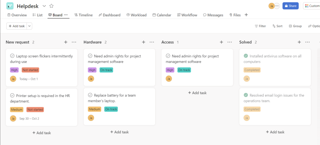 asana ticketing system