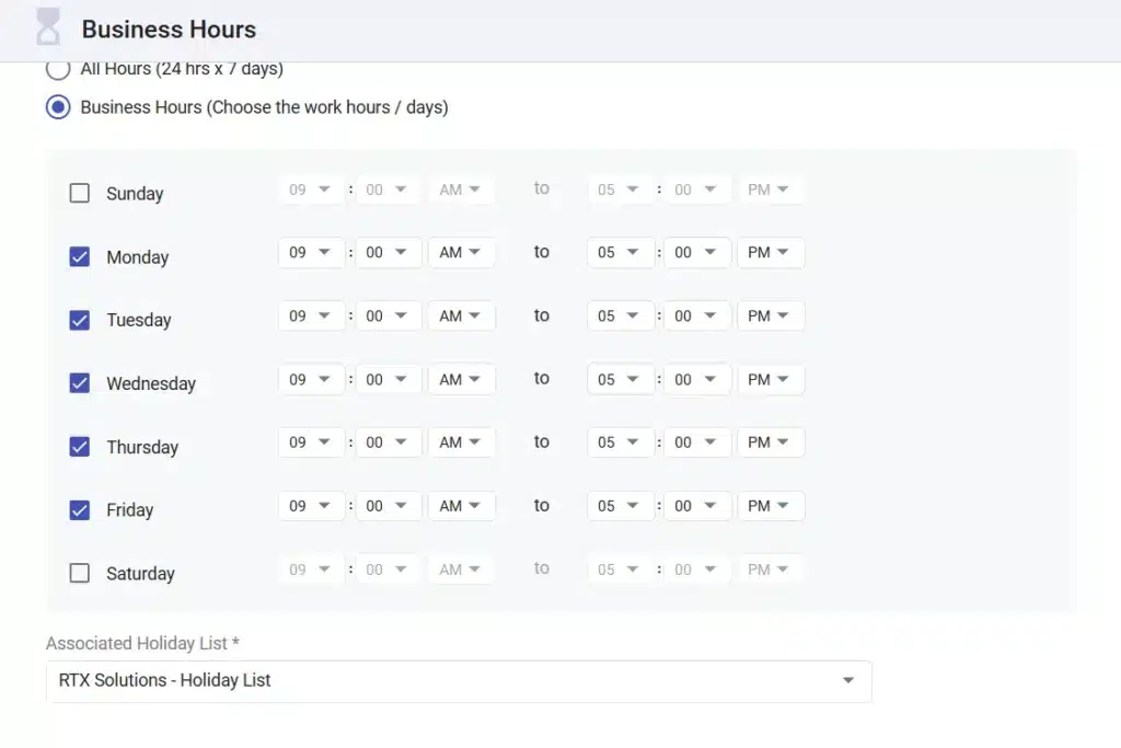 associate holiday list with business hours