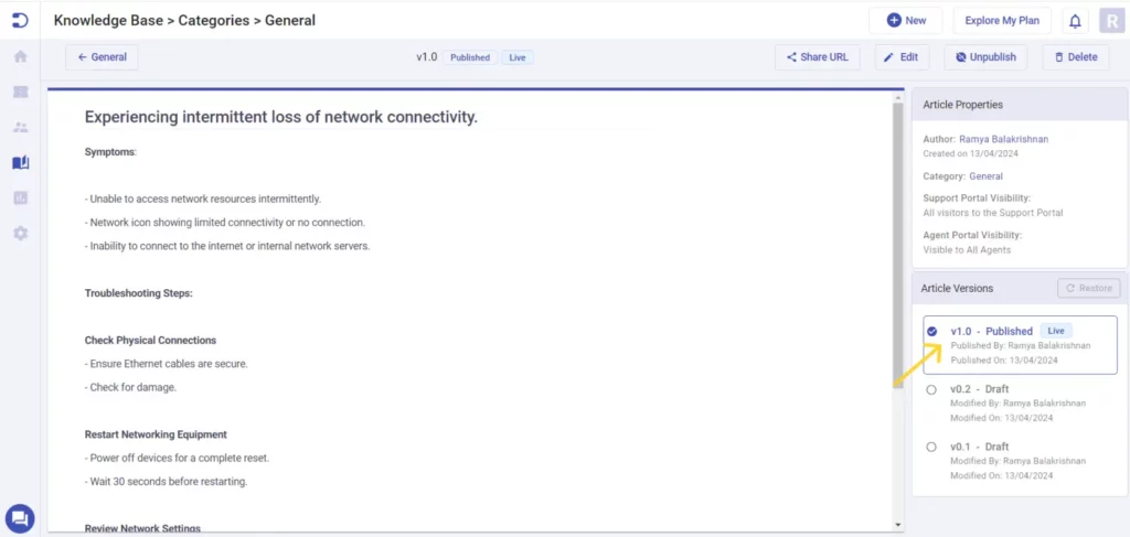 how to build an internal knowledge base article versioning desk365